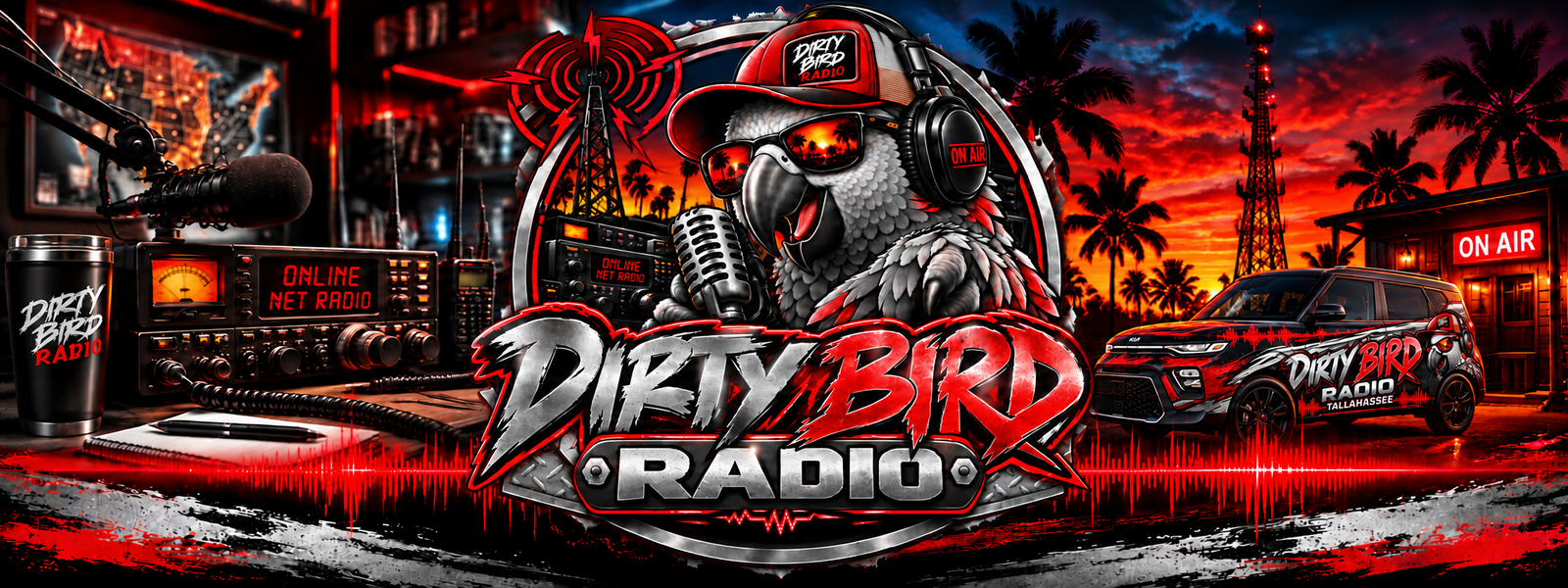 Dirty Bird Radio parrot wearing headphones, with a broadcast studio and Florida sunset
